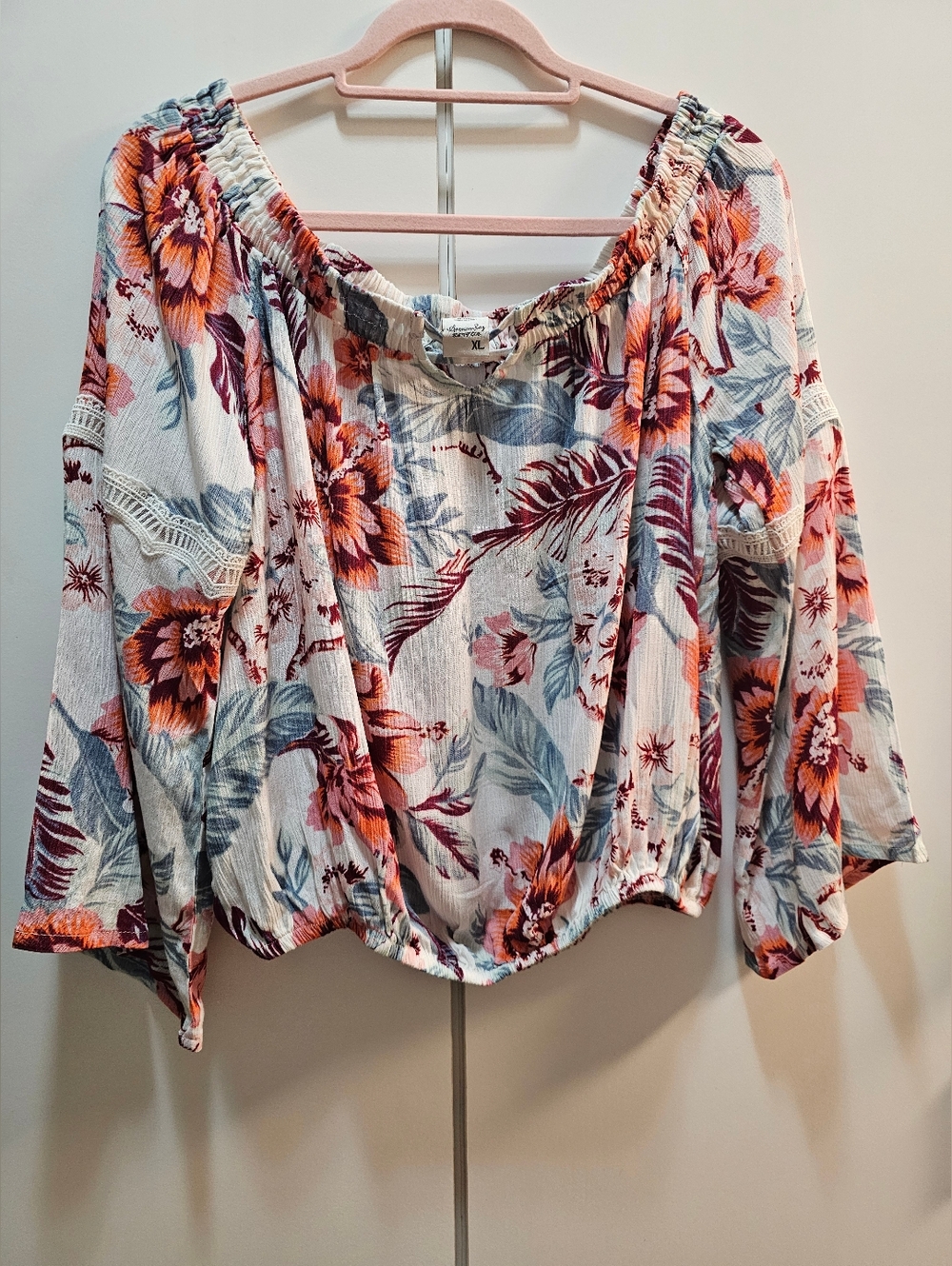 American Rag Floral Off-Shoulder Blouse in White, Orange, Blue